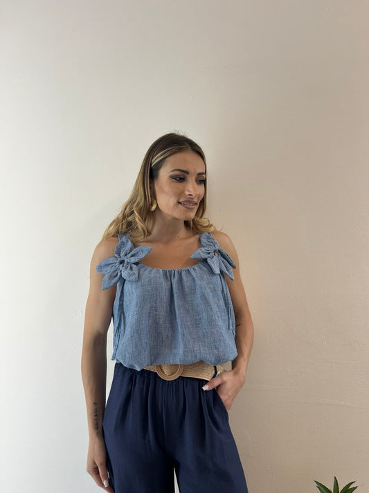 Top Flowers blu denim