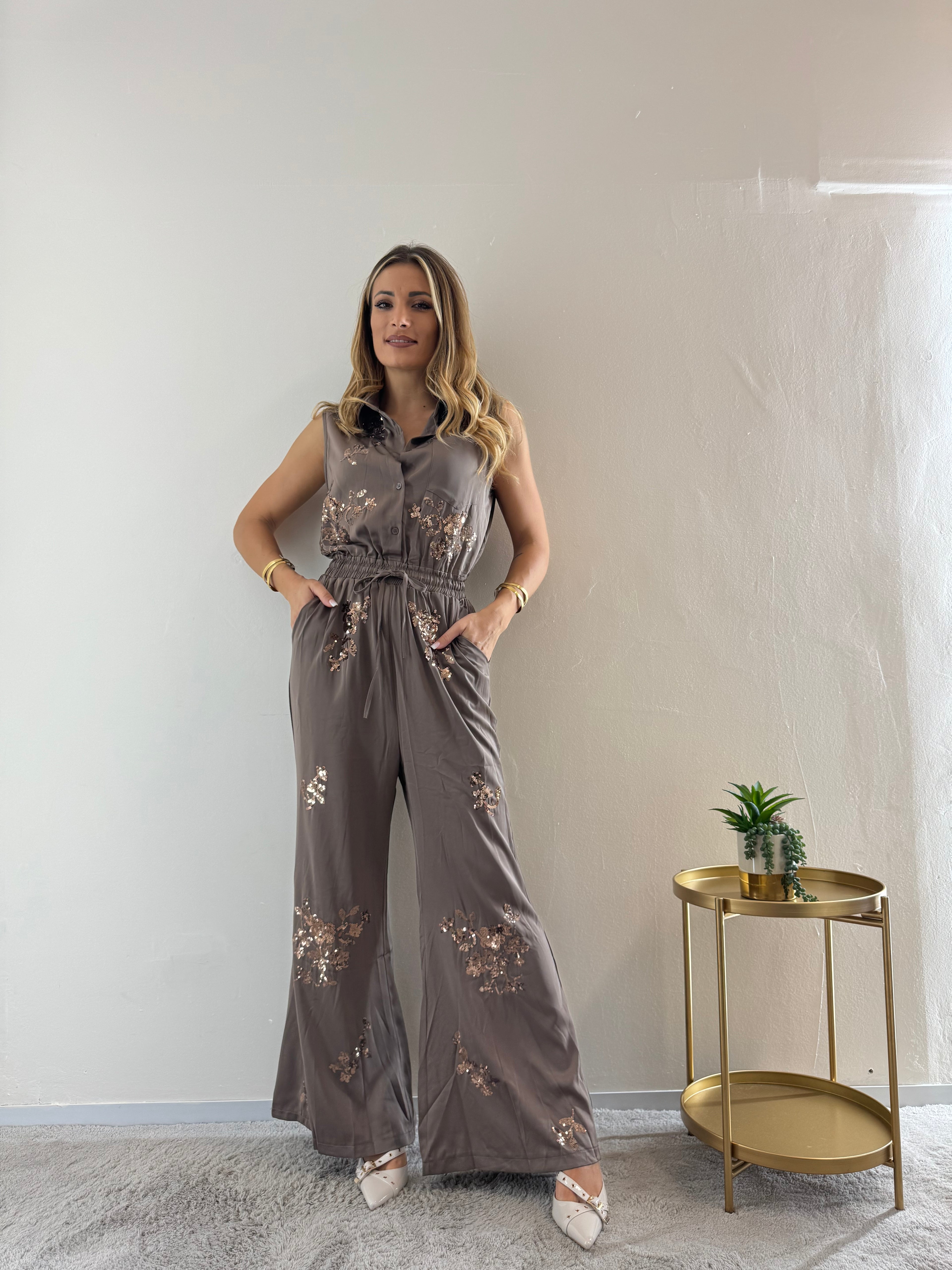 Jumpsuit Satin Strass Caffè