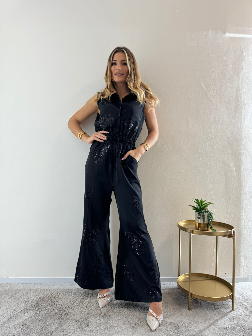 Jumpsuit Satin Strass Black