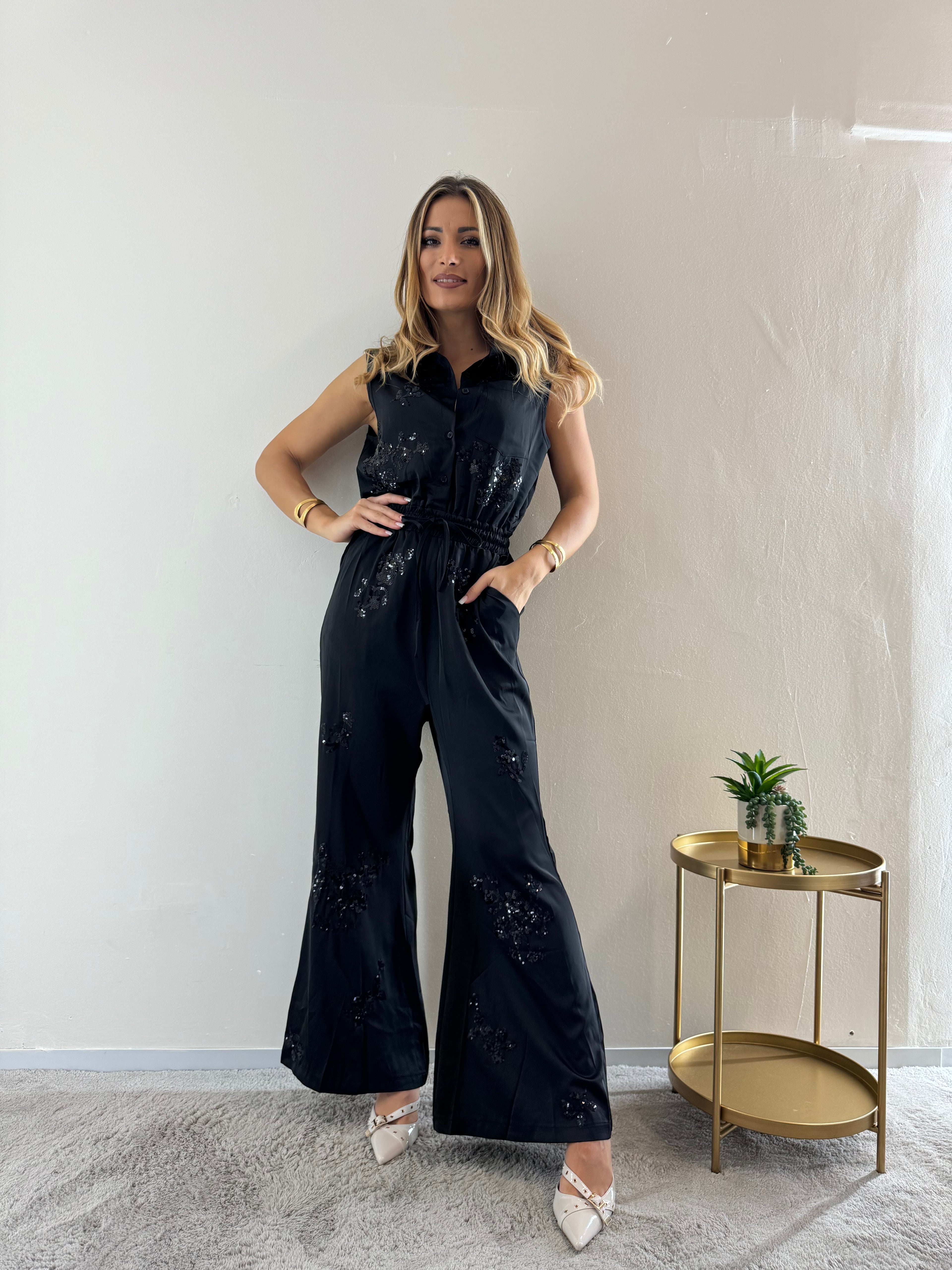 Jumpsuit Satin Strass Black