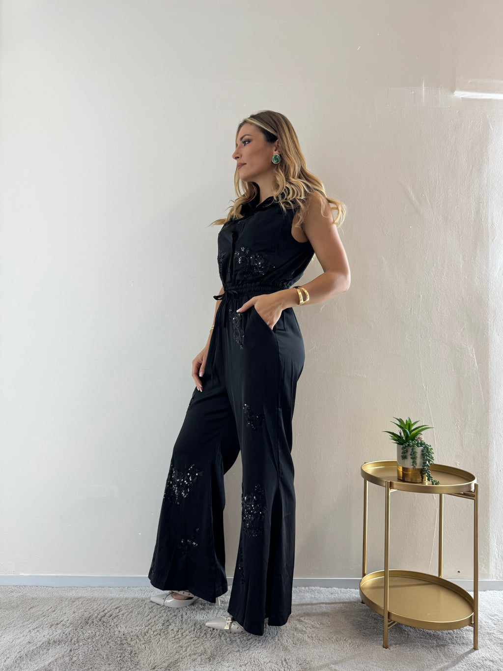 Jumpsuit Satin Strass Black
