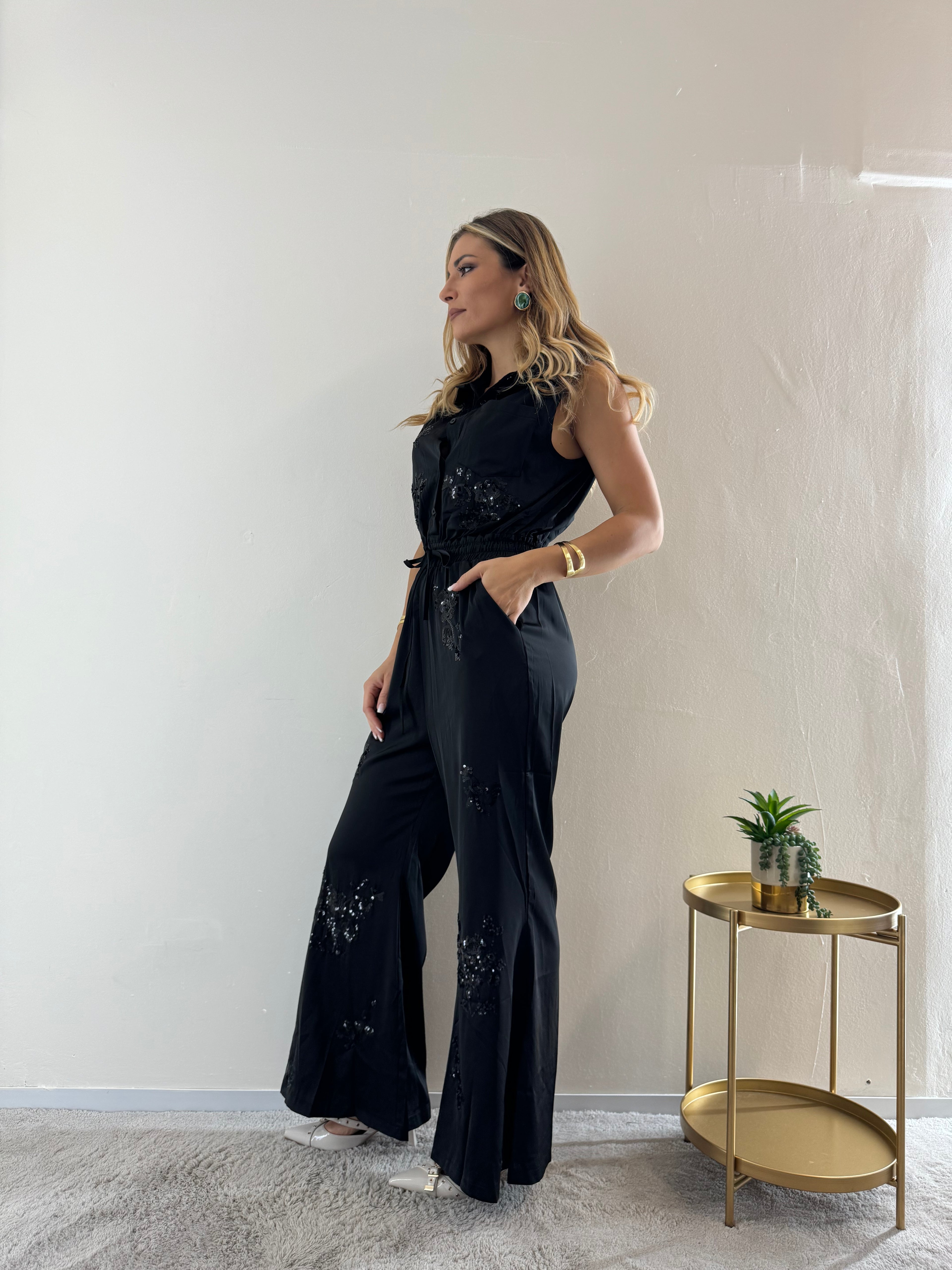 Jumpsuit Satin Strass Black
