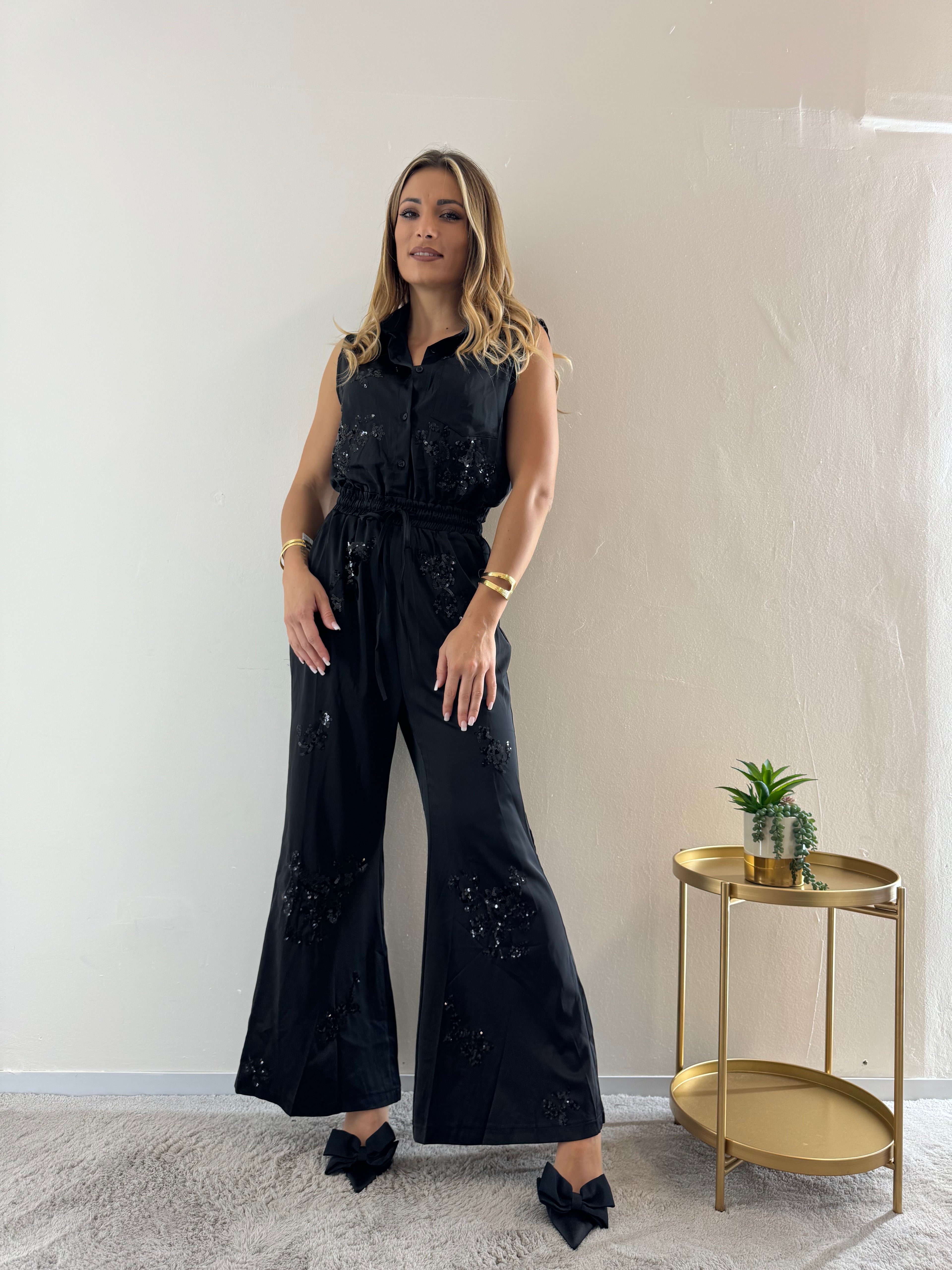 Jumpsuit Satin Strass Black