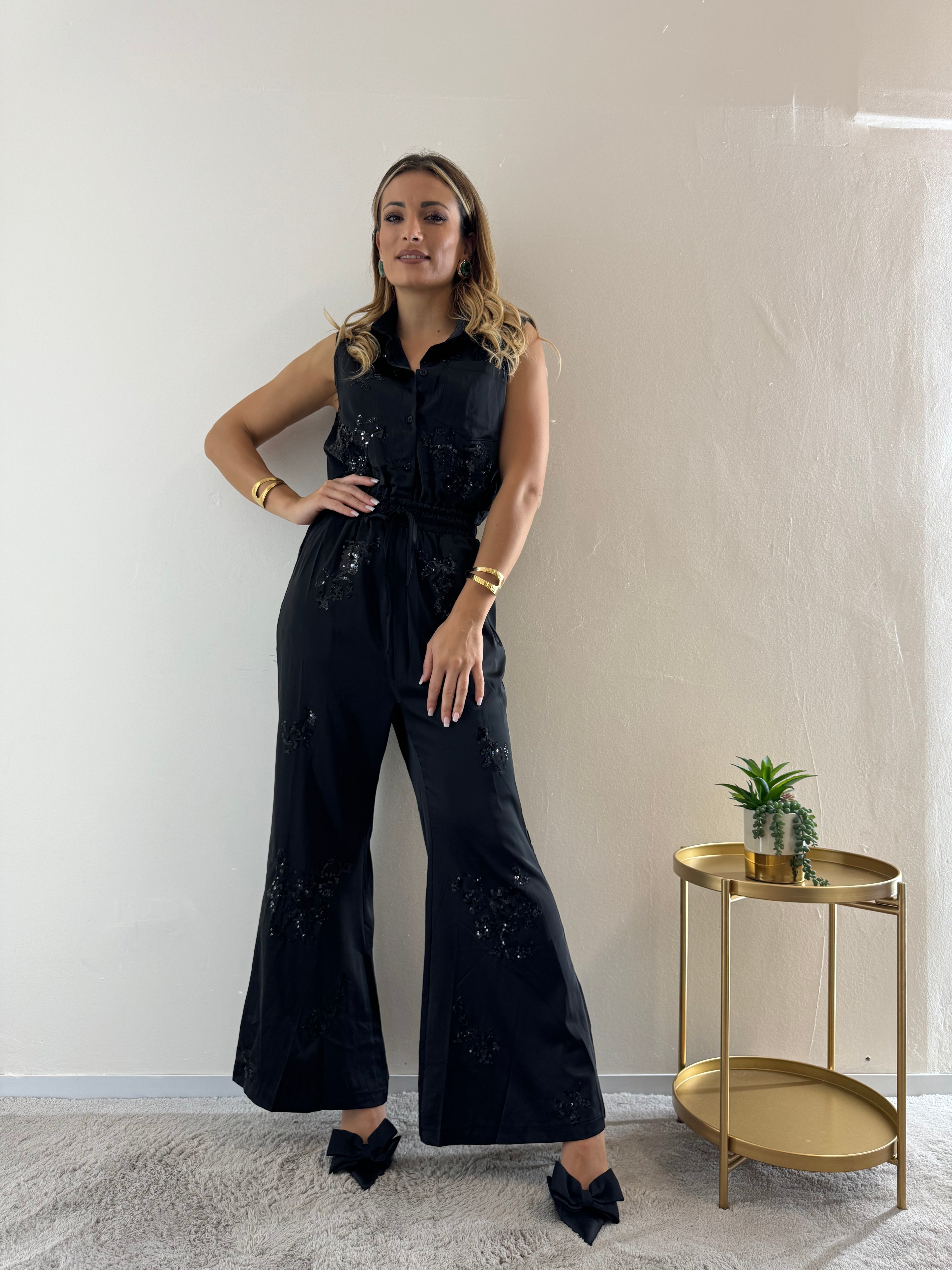 Jumpsuit Satin Strass Black