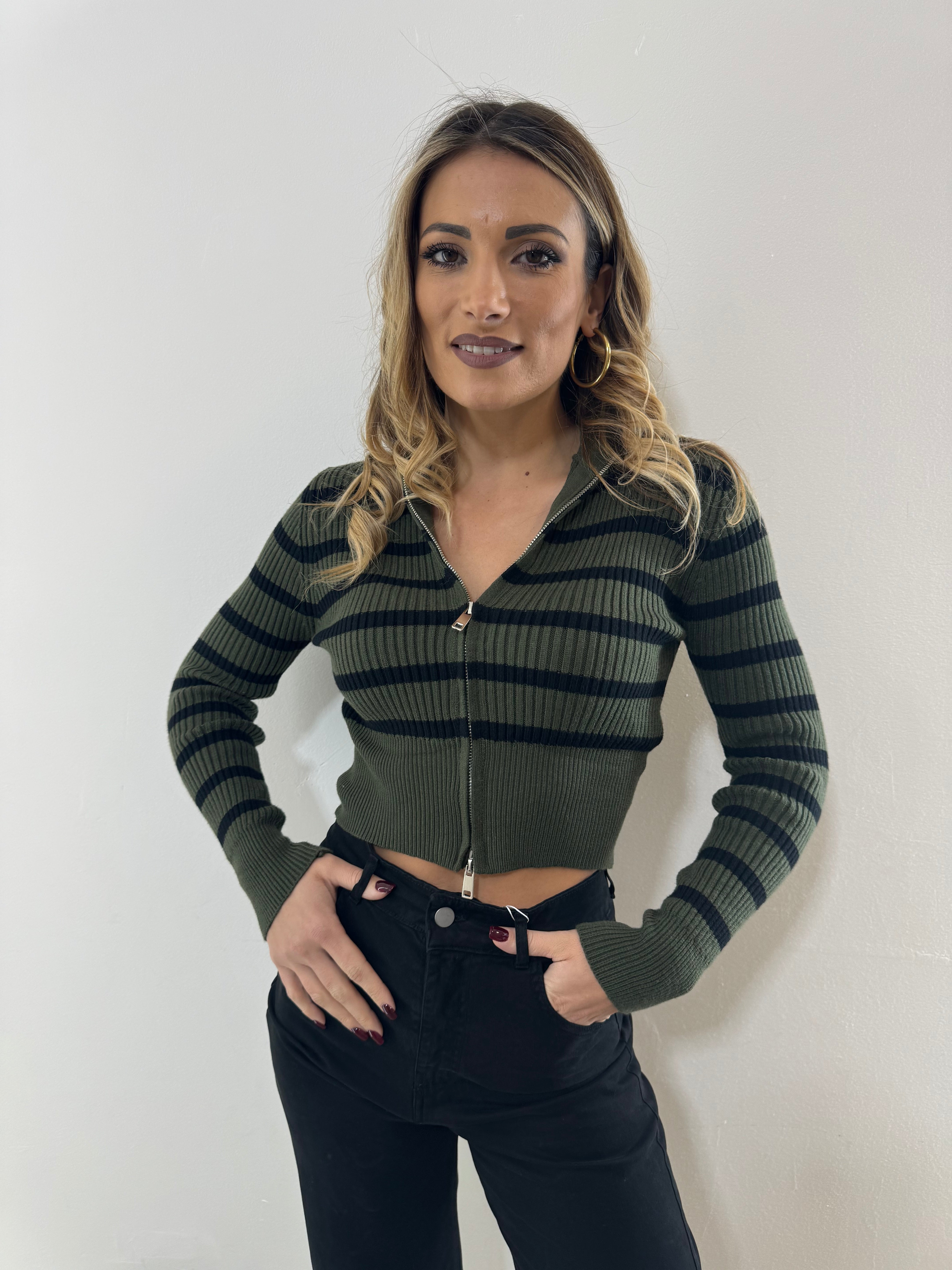 Cardigan Crop Righe Green