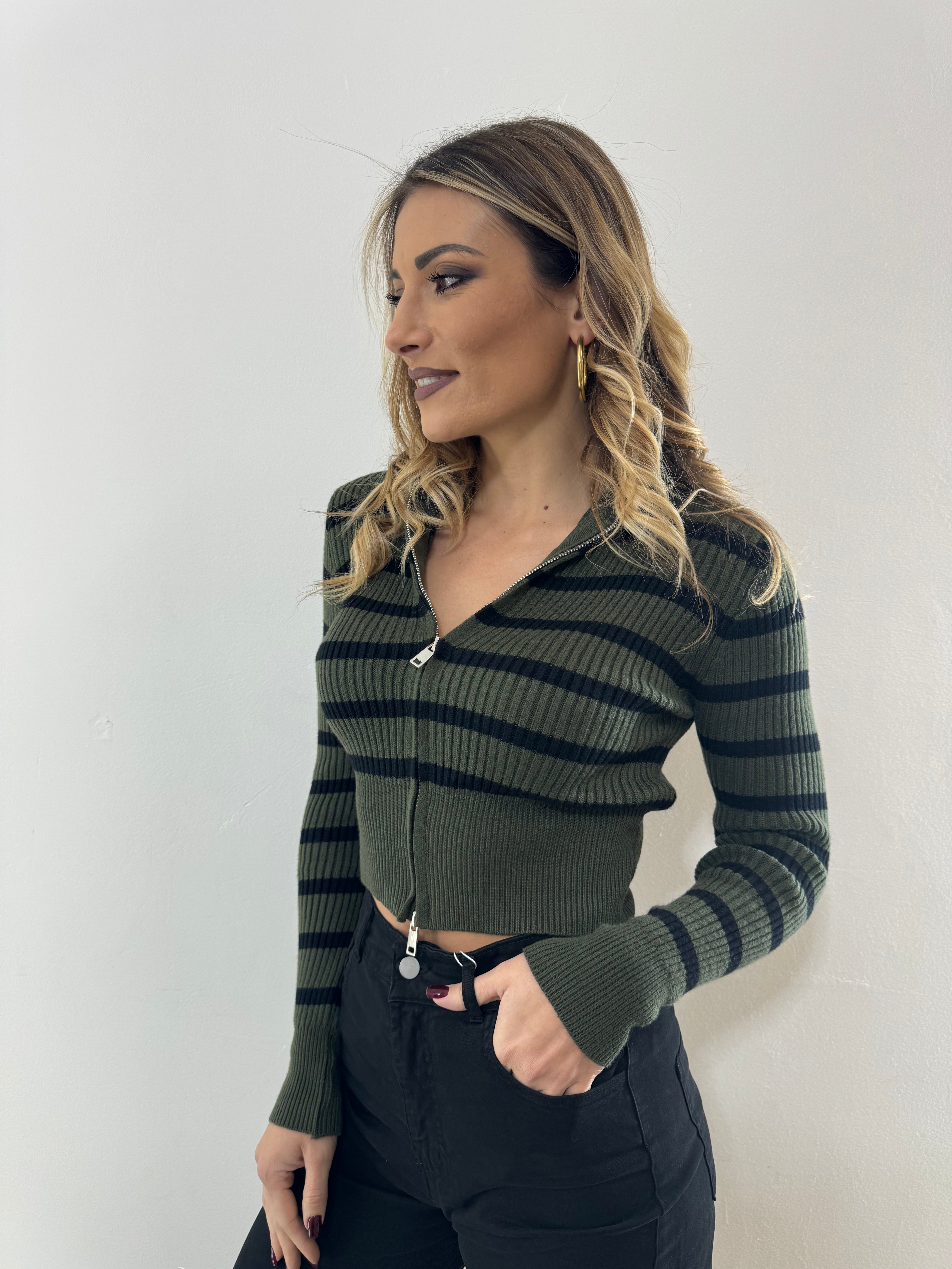 Cardigan Crop Righe Green