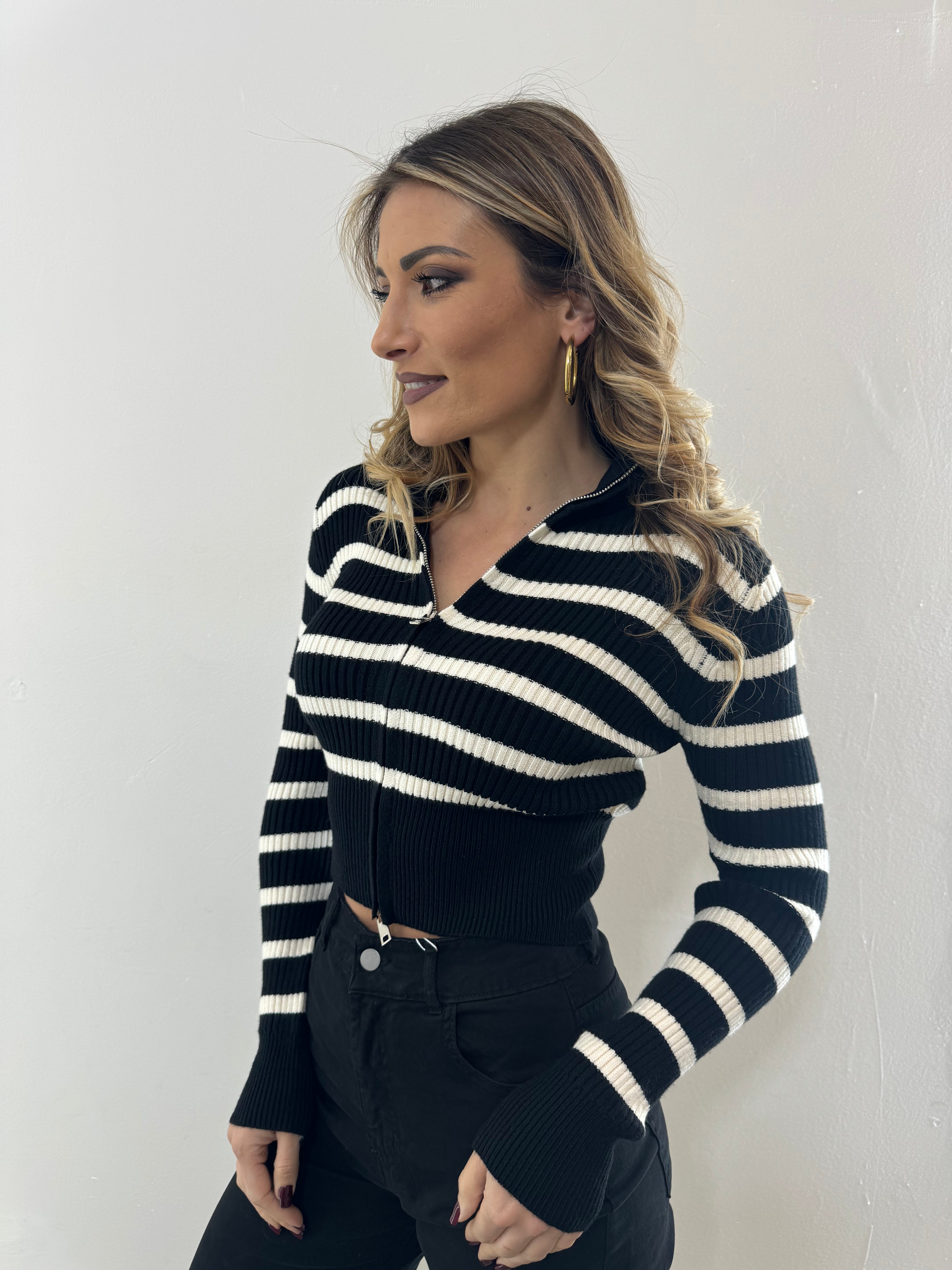 Cardigan Crop Righe Black