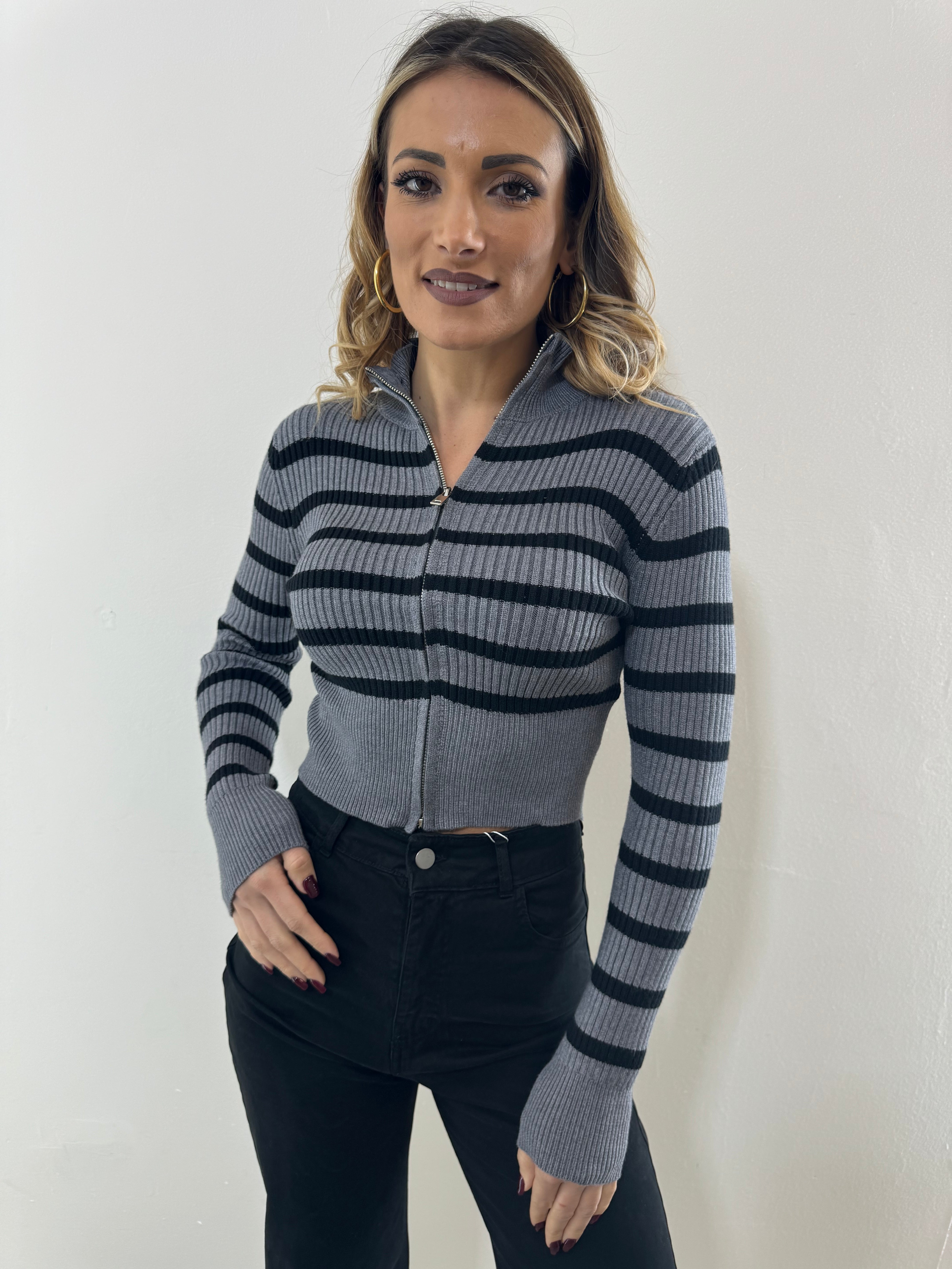Cardigan Crop Righe Grey